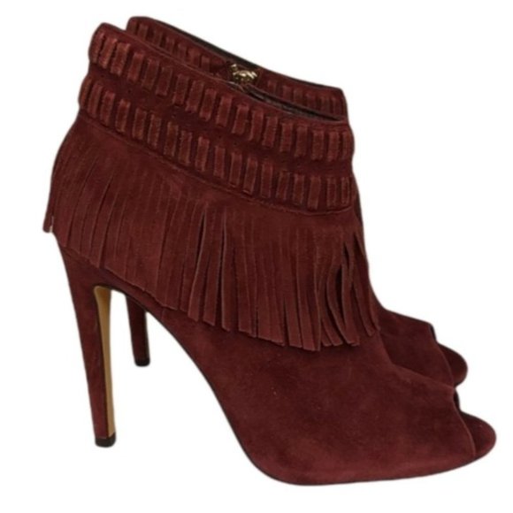 Rebecca Minkoff Burgundy Suede Fringe High Heels Peep Toe Ankle Booties 7M AA - Picture 1 of 10